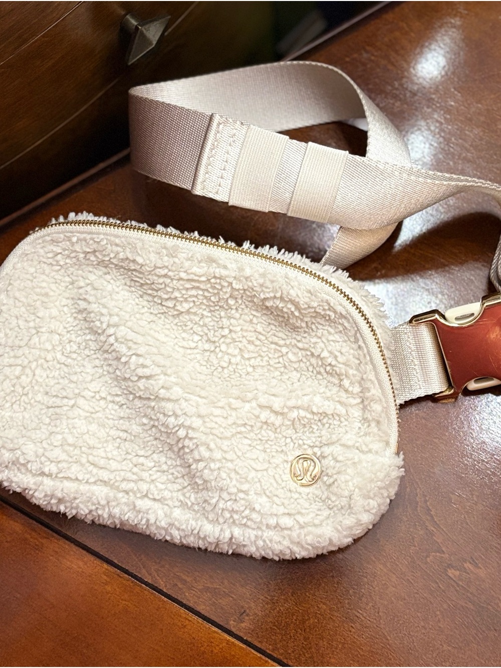 lululemon athletica Cream Sherpa Crossbody Belt Bag with Gold Accent